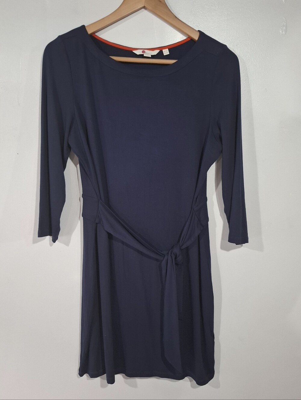 Boden Women’s Navy Sylvia Tie Jersey Knit 3/4 Sleeves Mini Tunic Dress soft 10P - Picture 2 of 11